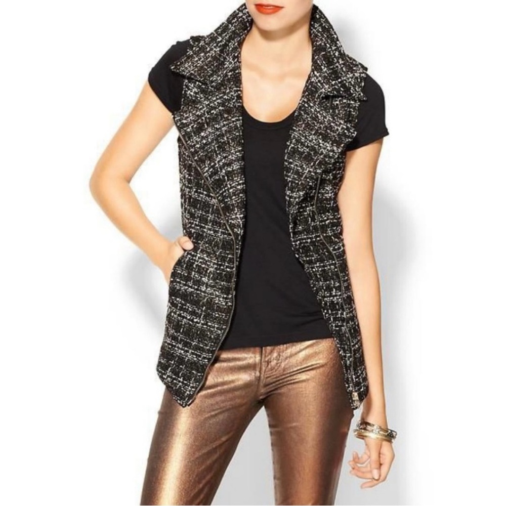 Tinley Road Black White Boucle Moto Vest Gold Zip Tweed S Academia Classic - Picture 11 of 11
